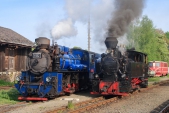 V dopolední májovém slunci v Třemešné zapózovaly vedle sebe parní lokomotivy U57.001 a U46.002.